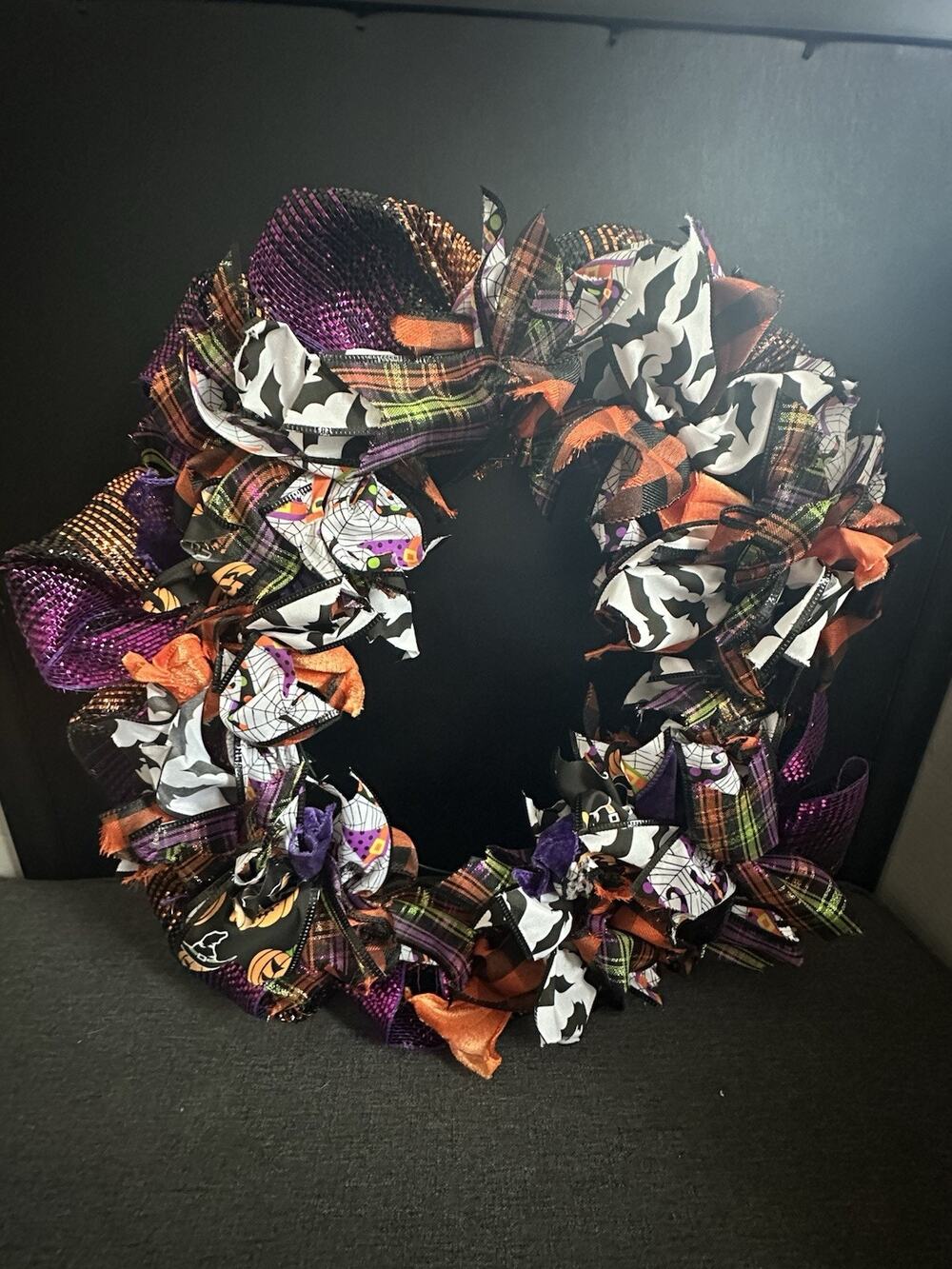 Halloween Ribbon Wreath 18” Bat Witch Pumpkin Spider Web Plaid Door Decor